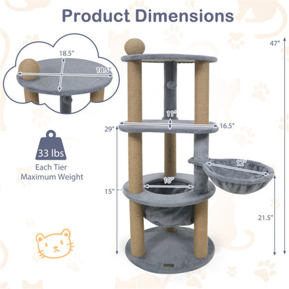 47" Cat Tower with Scratching Posts - Multi-Level Cat Tree for Relax & Play, Light Grey