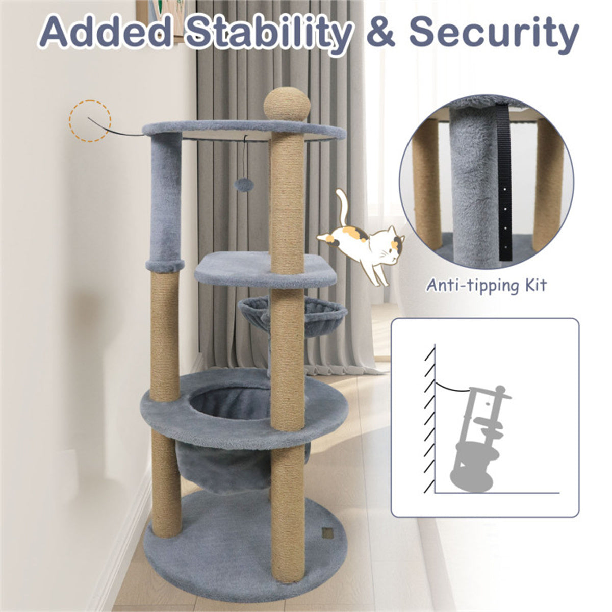 47" Cat Tower with Scratching Posts - Multi-Level Cat Tree for Relax & Play, Light Grey