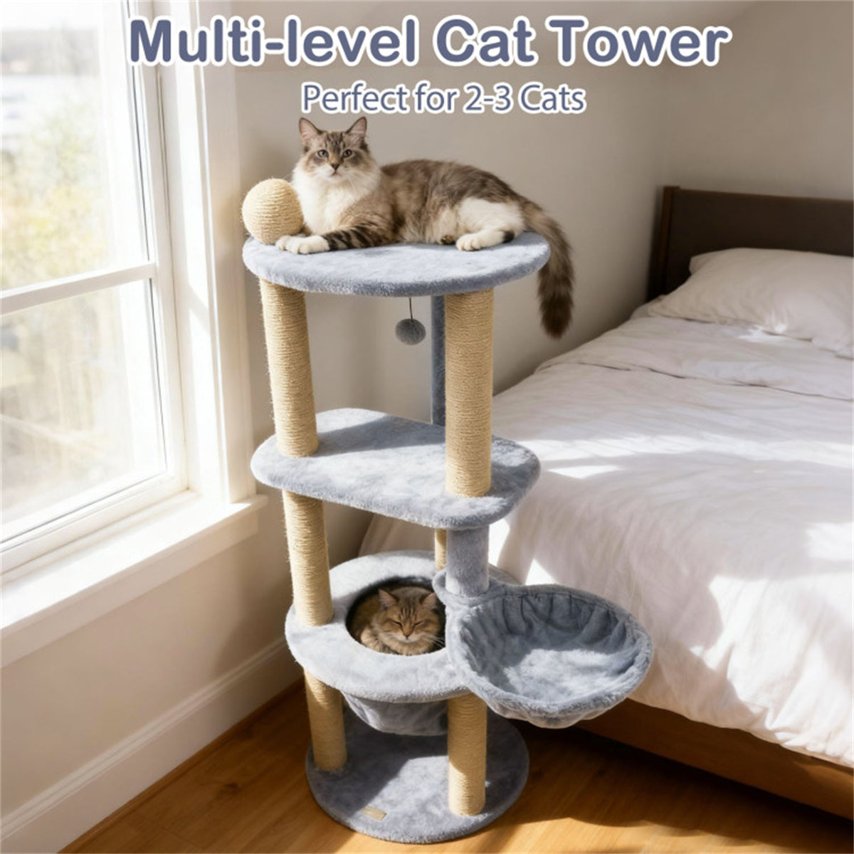47" Cat Tower with Scratching Posts - Multi-Level Cat Tree for Relax & Play, Light Grey