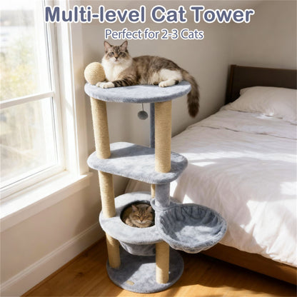 47" Cat Tower with Scratching Posts - Multi-Level Cat Tree for Relax & Play, Light Grey