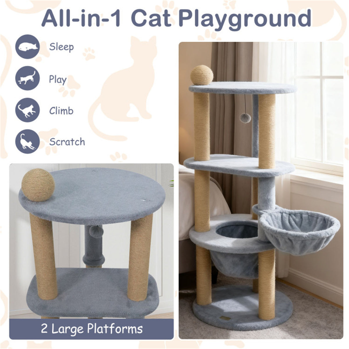 47" Cat Tower with Scratching Posts - Multi-Level Cat Tree for Relax & Play, Light Grey
