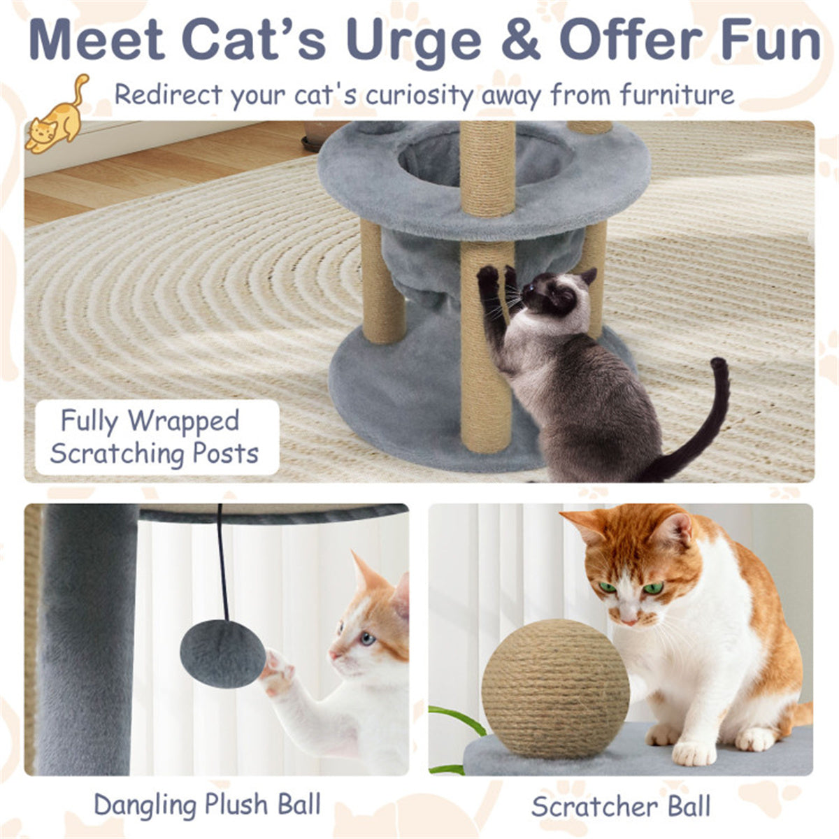 47" Cat Tower with Scratching Posts - Multi-Level Cat Tree for Relax & Play, Light Grey