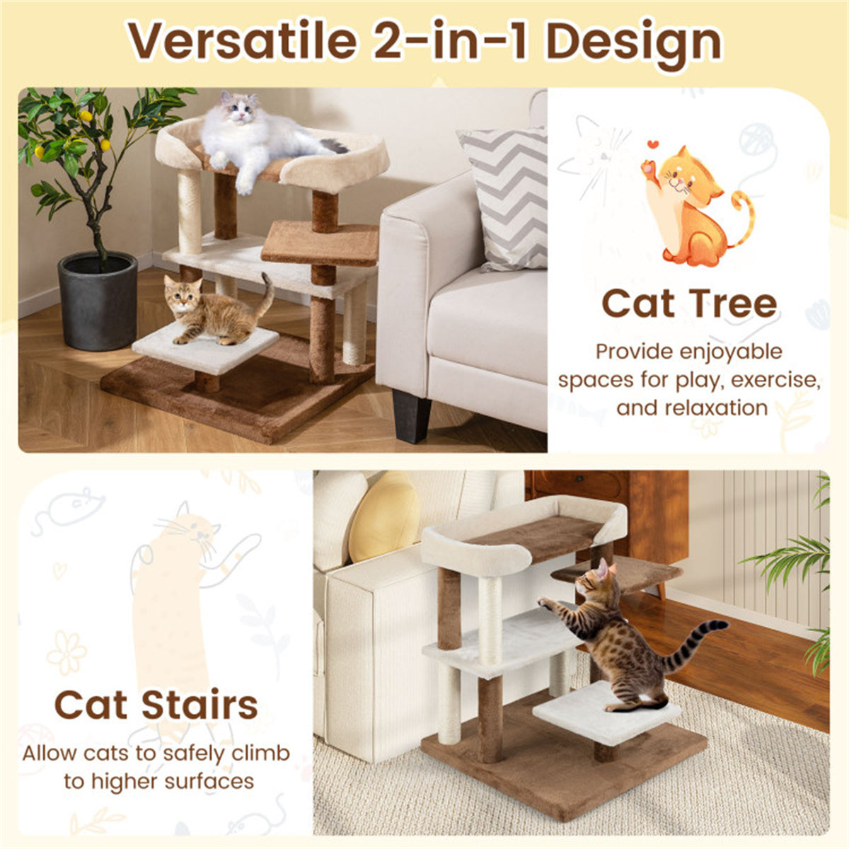 2-in-1 Cat Stairs & Tree - 4-Tier Platforms with Sisal Scratching Posts, Gray