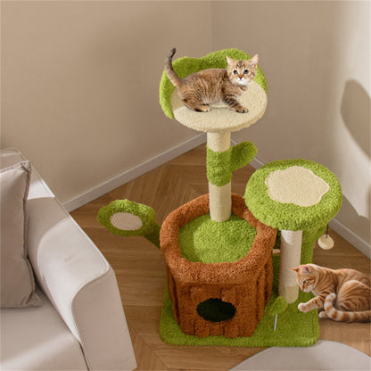 36" Jungle Theme Cat Tree - Washable Peach Skin, Sisal Scratching Post & Interactive Toys