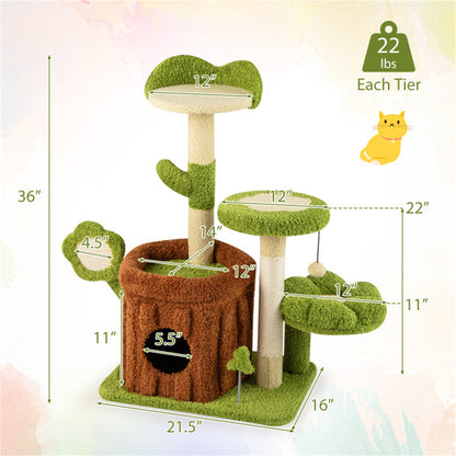 36" Jungle Theme Cat Tree - Washable Peach Skin, Sisal Scratching Post & Interactive Toys