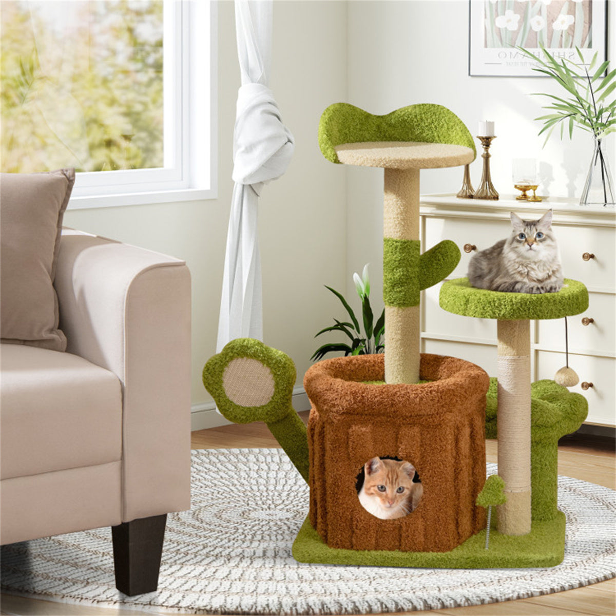36" Jungle Theme Cat Tree - Washable Peach Skin, Sisal Scratching Post & Interactive Toys