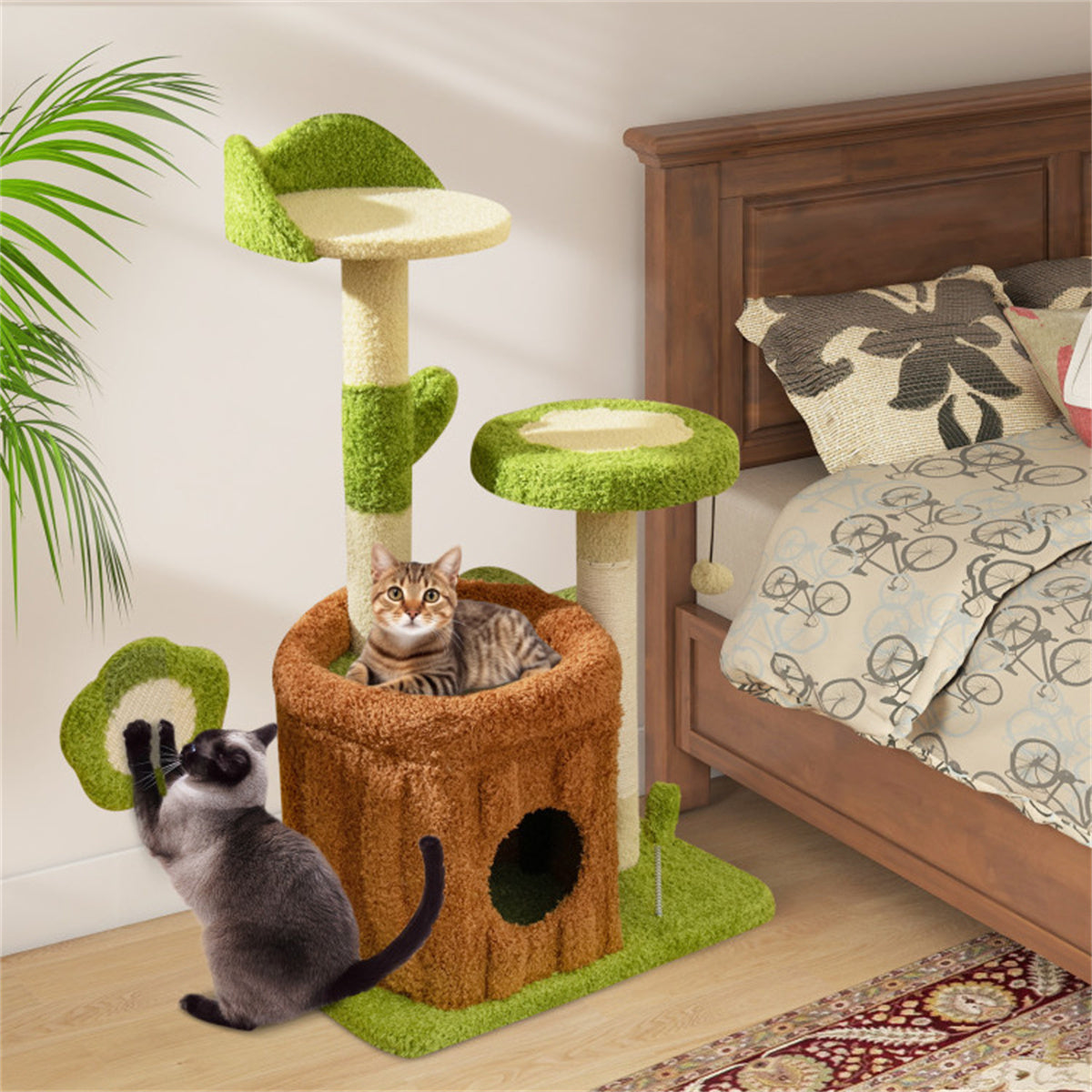 36" Jungle Theme Cat Tree - Washable Peach Skin, Sisal Scratching Post & Interactive Toys
