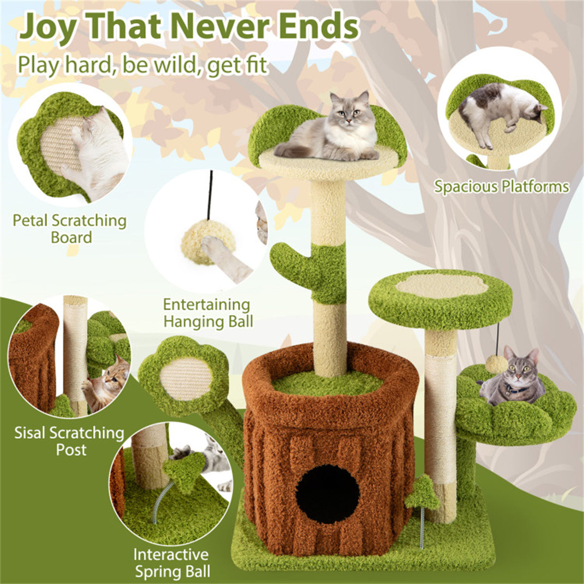 36" Jungle Theme Cat Tree - Washable Peach Skin, Sisal Scratching Post & Interactive Toys