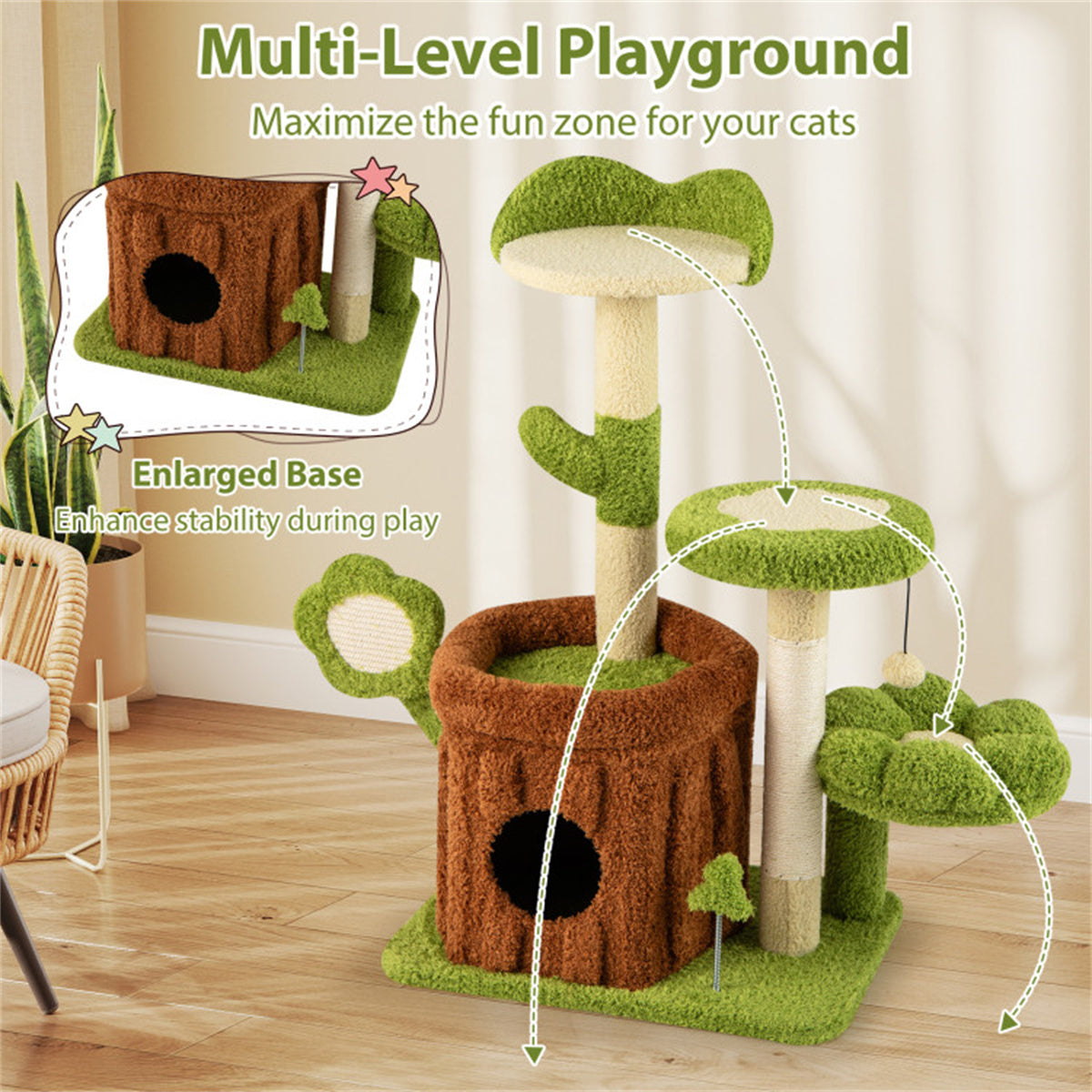 36" Jungle Theme Cat Tree - Washable Peach Skin, Sisal Scratching Post & Interactive Toys