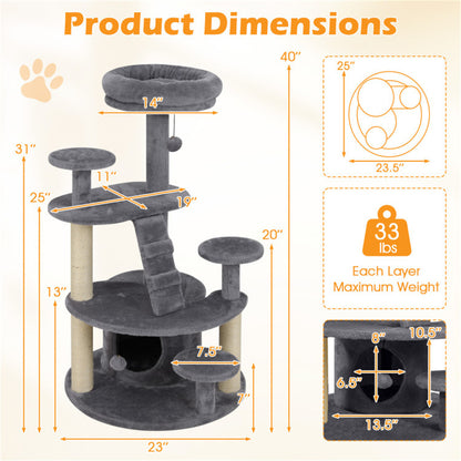 40" Multi-Level Cat Tree for Munchkin & Old Cats - Stable Wide Base, Soft Padded Perch + Large Condo (Gray)