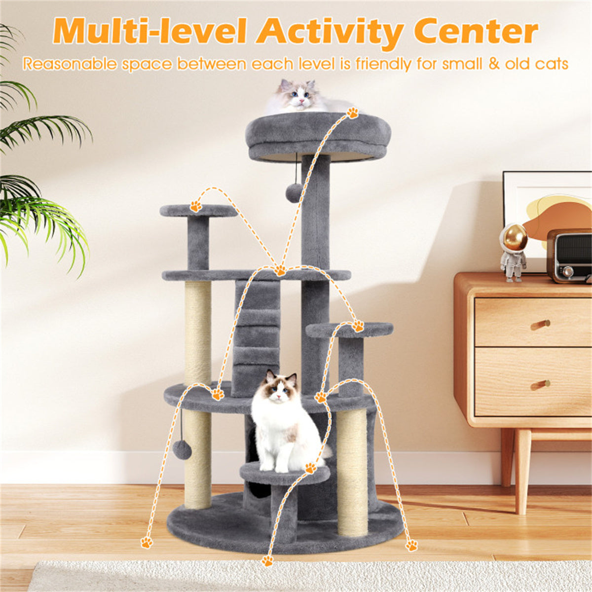 40" Multi-Level Cat Tree for Munchkin & Old Cats - Stable Wide Base, Soft Padded Perch + Large Condo (Gray)
