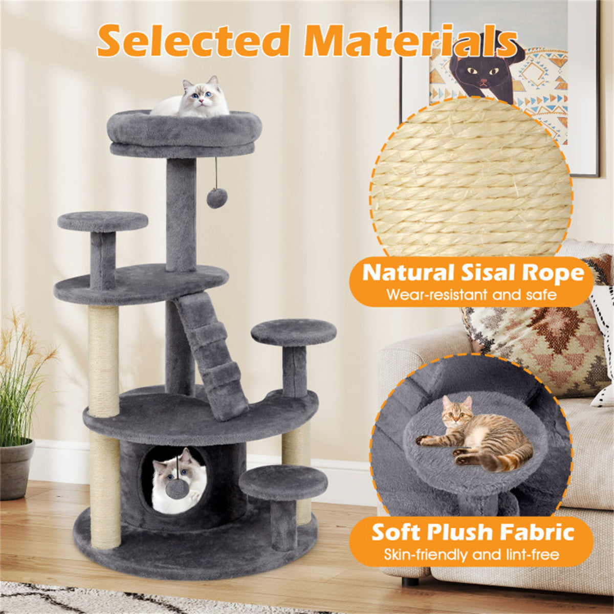 40" Multi-Level Cat Tree for Munchkin & Old Cats - Stable Wide Base, Soft Padded Perch + Large Condo (Gray)
