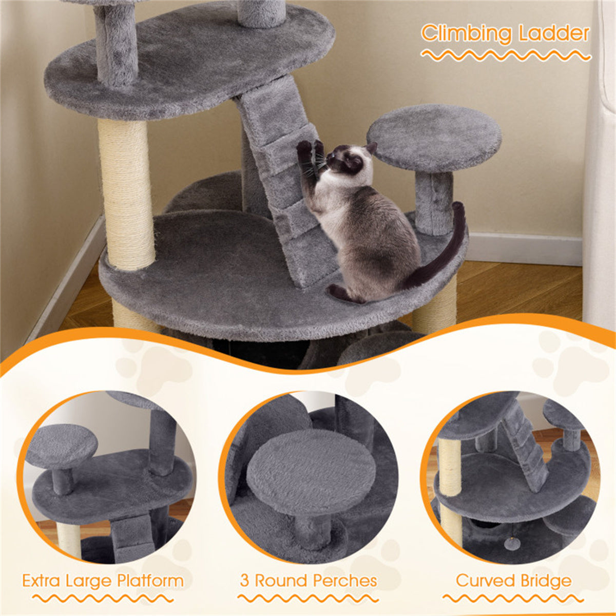 40" Multi-Level Cat Tree for Munchkin & Old Cats - Stable Wide Base, Soft Padded Perch + Large Condo (Gray)