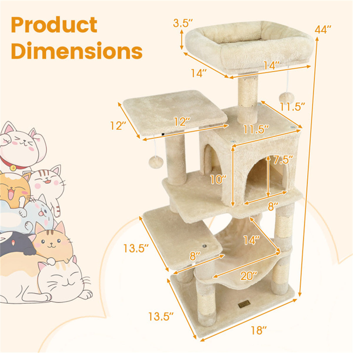 44" Multi-Level Cat Tree with Spacious Top Perch, 2-Door Condo & Hammock for Indoor Cats -Beige