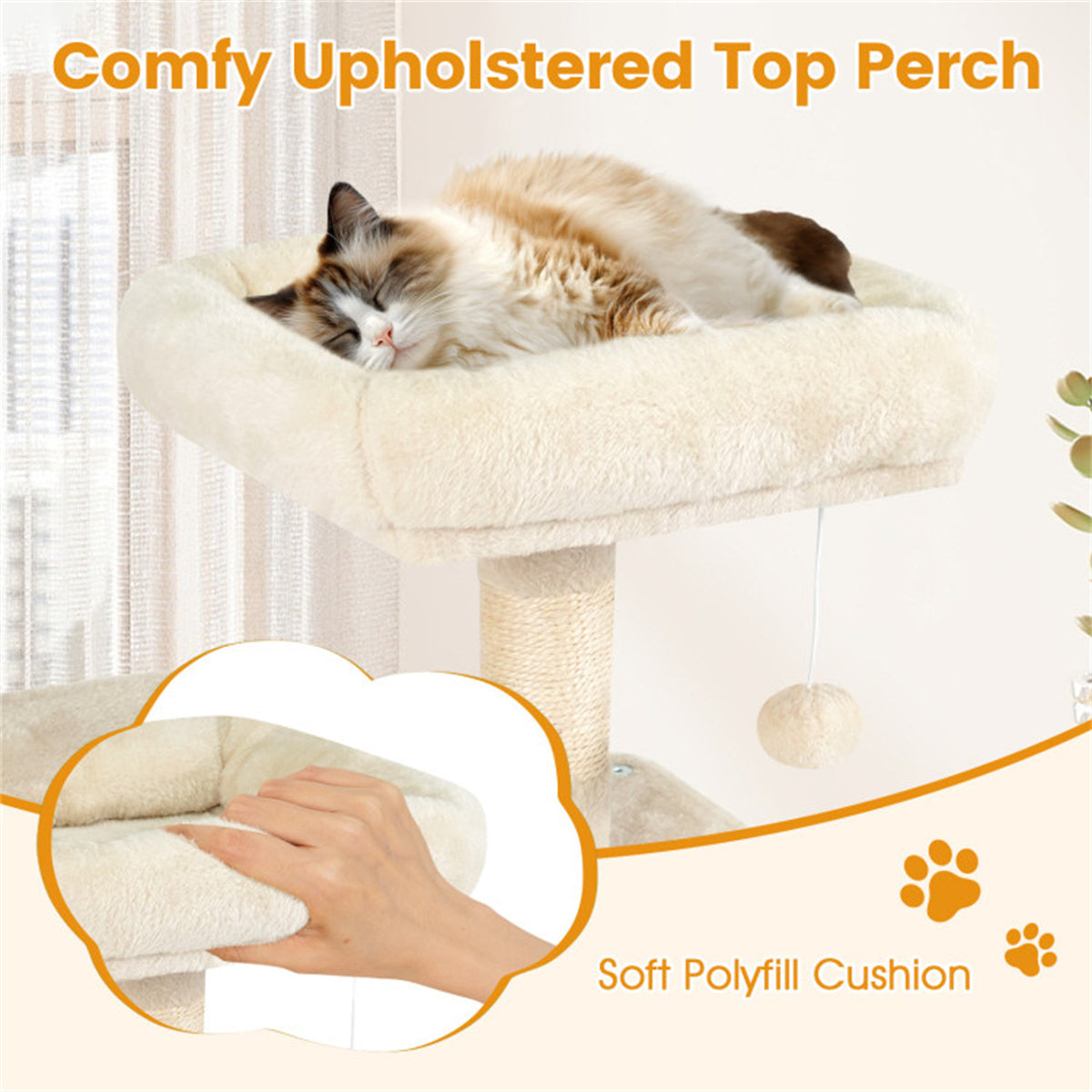 44" Multi-Level Cat Tree with Spacious Top Perch, 2-Door Condo & Hammock for Indoor Cats -Beige