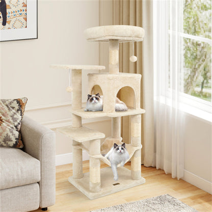 44" Multi-Level Cat Tree with Spacious Top Perch, 2-Door Condo & Hammock for Indoor Cats -Beige