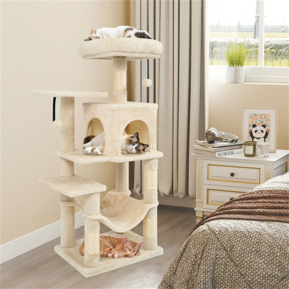 44" Multi-Level Cat Tree with Spacious Top Perch, 2-Door Condo & Hammock for Indoor Cats -Beige