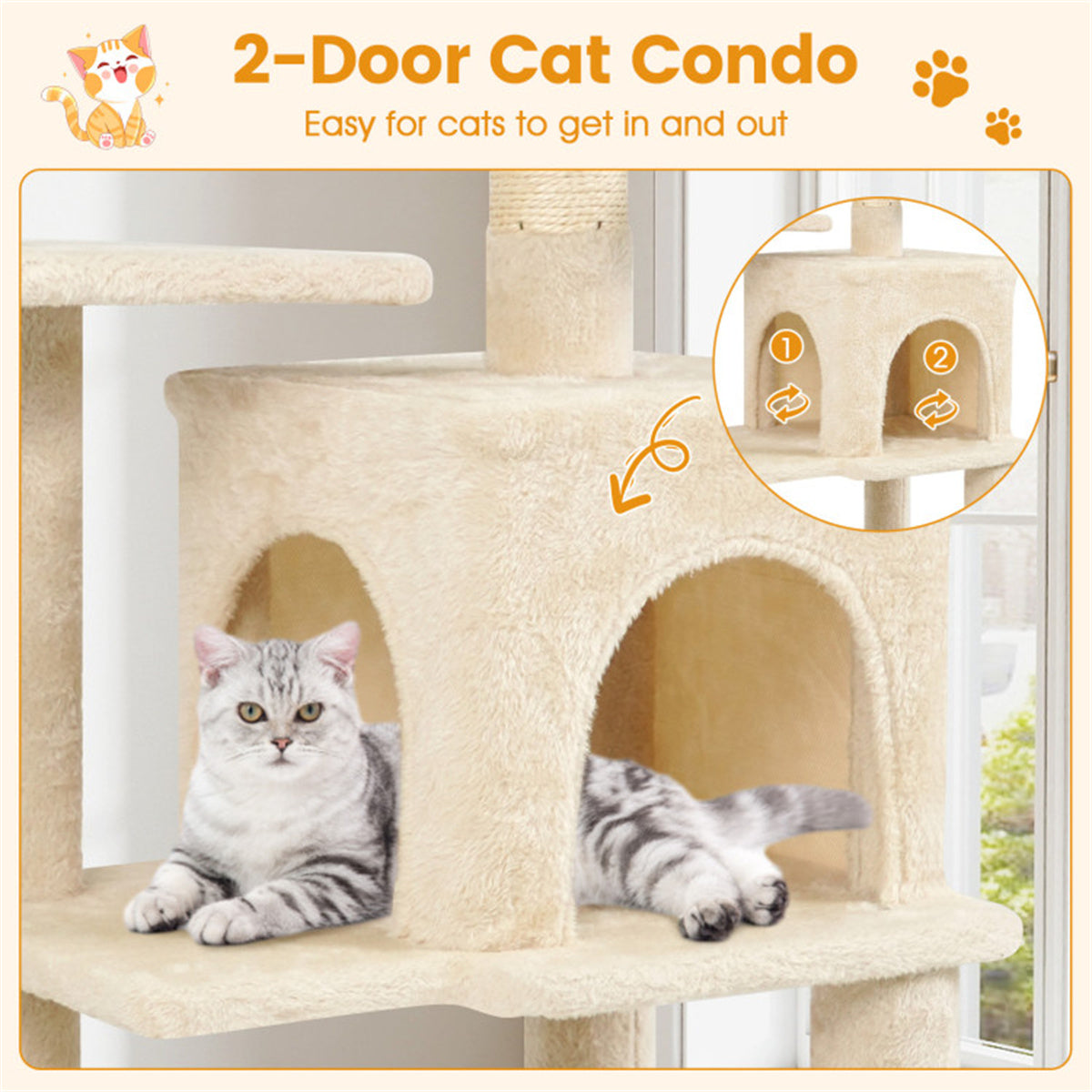 44" Multi-Level Cat Tree with Spacious Top Perch, 2-Door Condo & Hammock for Indoor Cats -Beige