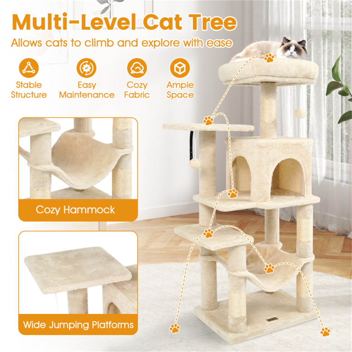44" Multi-Level Cat Tree with Spacious Top Perch, 2-Door Condo & Hammock for Indoor Cats -Beige