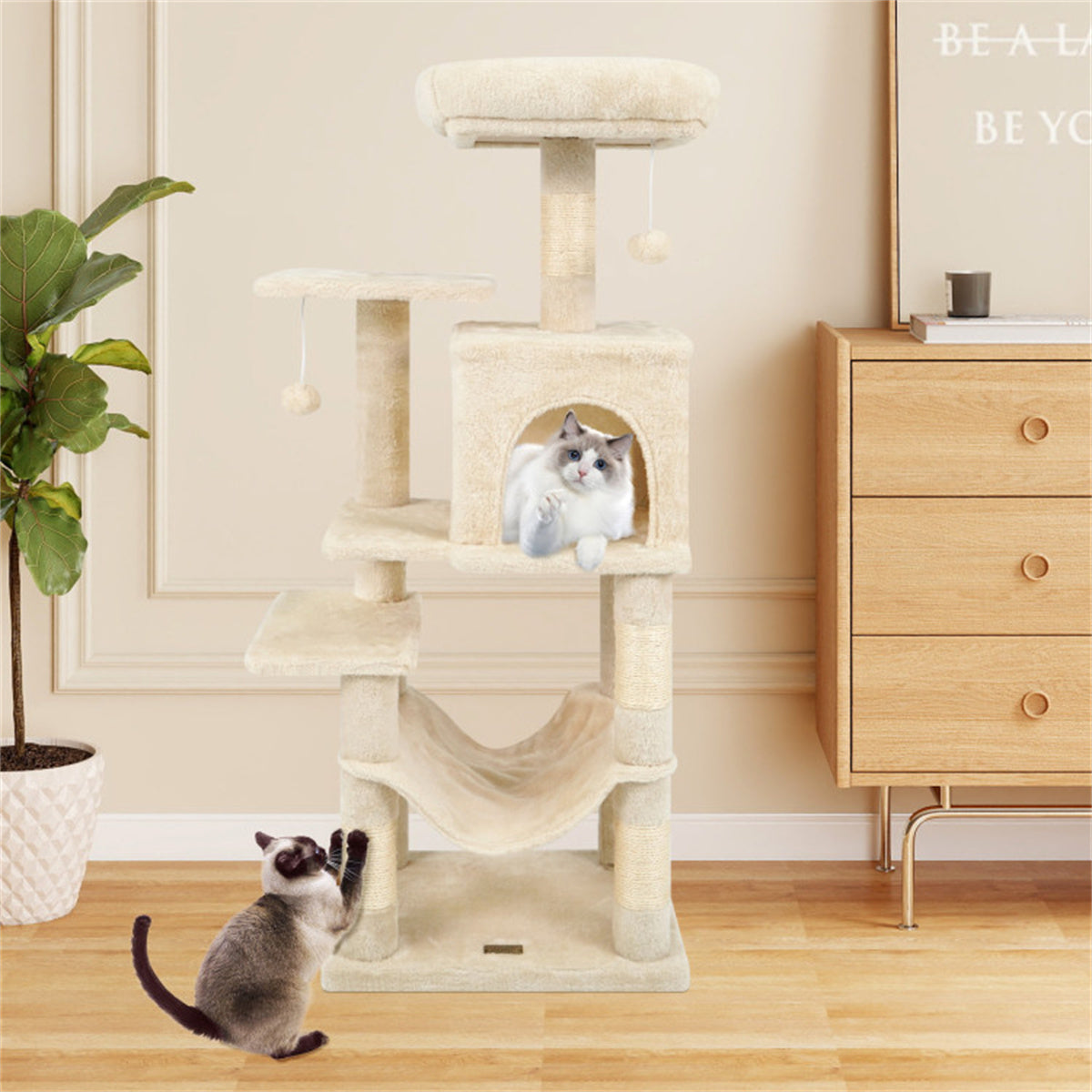 44" Multi-Level Cat Tree with Spacious Top Perch, 2-Door Condo & Hammock for Indoor Cats -Beige