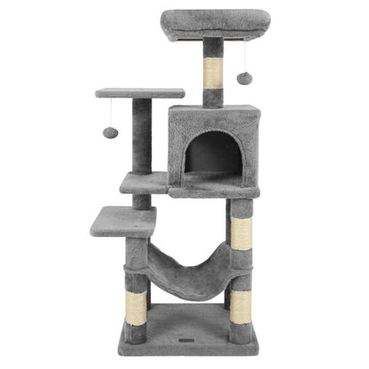 44" Multi-Level Cat Tree with Spacious Top Perch, 2-Door Condo & Hammock for Indoor Cats -Light Gray