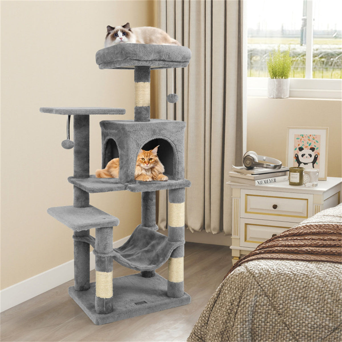 44" Multi-Level Cat Tree with Spacious Top Perch, 2-Door Condo & Hammock for Indoor Cats -Light Gray