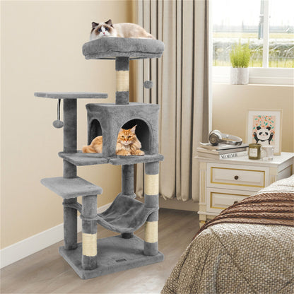 44" Multi-Level Cat Tree with Spacious Top Perch, 2-Door Condo & Hammock for Indoor Cats -Light Gray