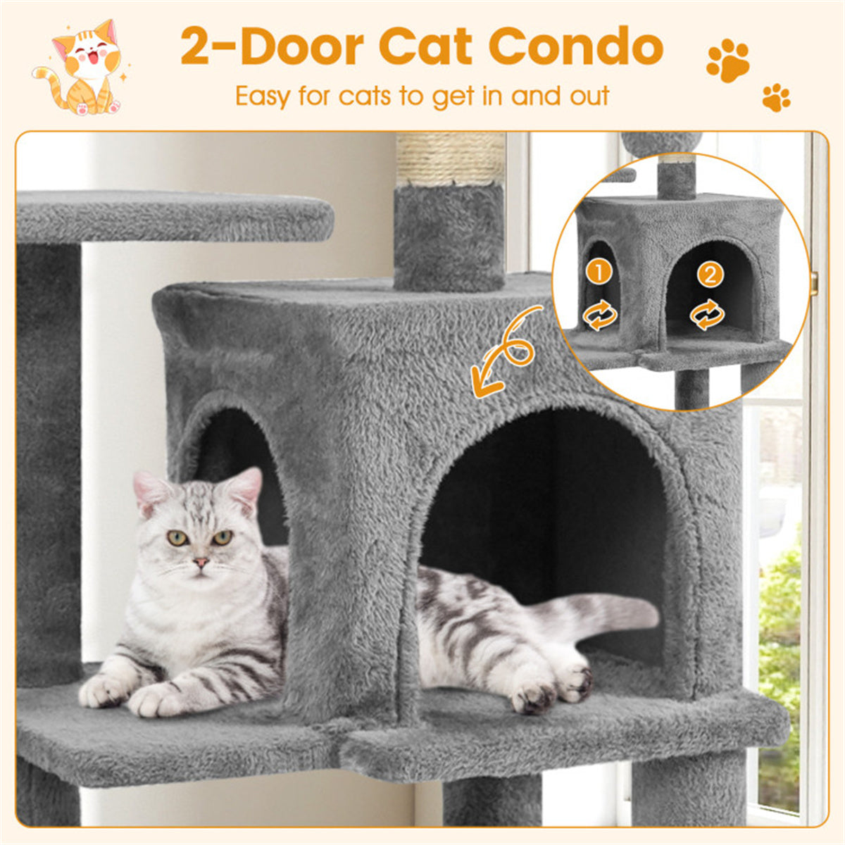 44" Multi-Level Cat Tree with Spacious Top Perch, 2-Door Condo & Hammock for Indoor Cats -Light Gray