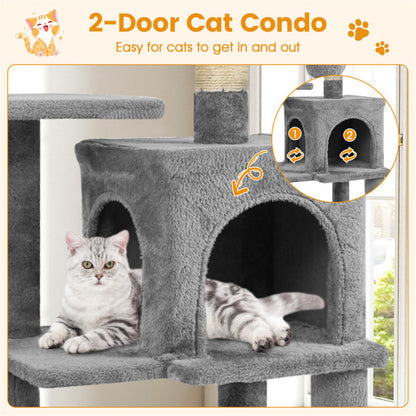 44" Multi-Level Cat Tree with Spacious Top Perch, 2-Door Condo & Hammock for Indoor Cats -Light Gray