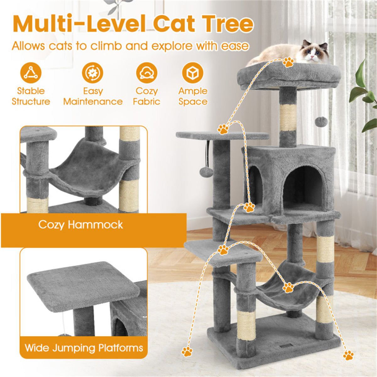 44" Multi-Level Cat Tree with Spacious Top Perch, 2-Door Condo & Hammock for Indoor Cats -Light Gray