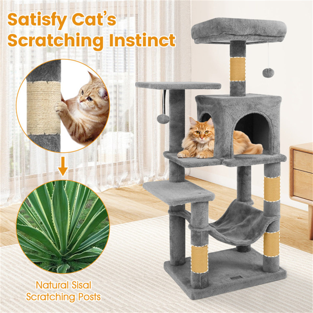 44" Multi-Level Cat Tree with Spacious Top Perch, 2-Door Condo & Hammock for Indoor Cats -Light Gray