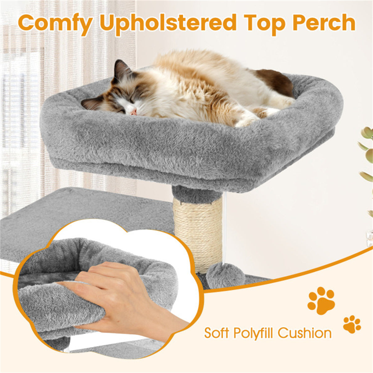 44" Multi-Level Cat Tree with Spacious Top Perch, 2-Door Condo & Hammock for Indoor Cats -Light Gray
