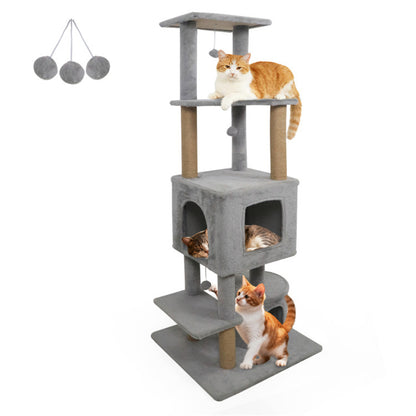 64" Light Gray Cat Tower with Plush Perches & 3 Dangling Balls, Jute Scratching Posts & Anti-Tipping Device for Multi-Cat Households