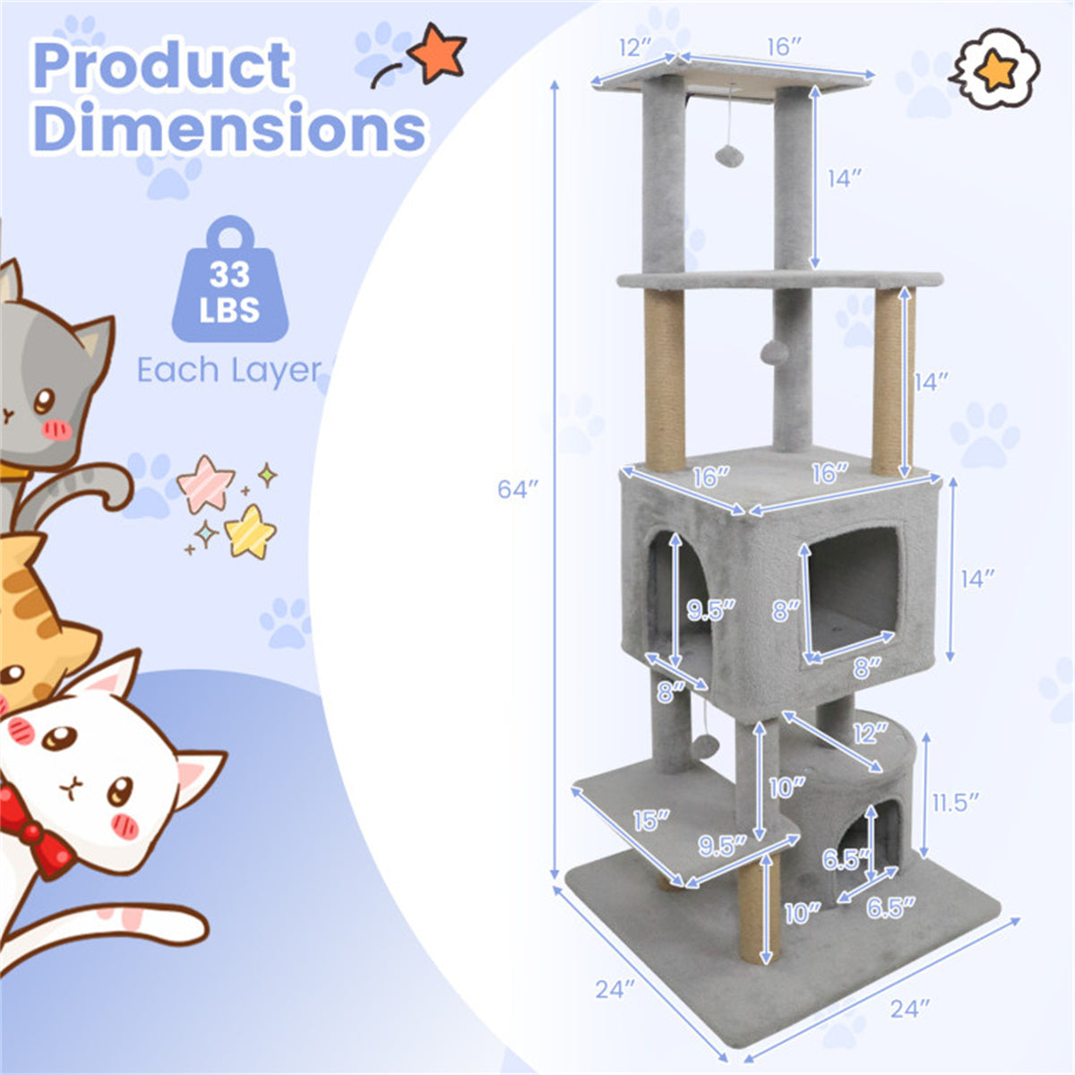 64" Light Gray Cat Tower with Plush Perches & 3 Dangling Balls, Jute Scratching Posts & Anti-Tipping Device for Multi-Cat Households
