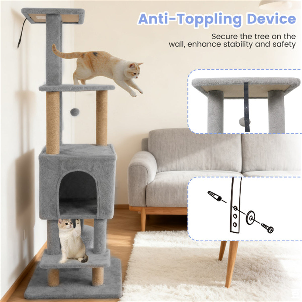 64" Light Gray Cat Tower with Plush Perches & 3 Dangling Balls, Jute Scratching Posts & Anti-Tipping Device for Multi-Cat Households