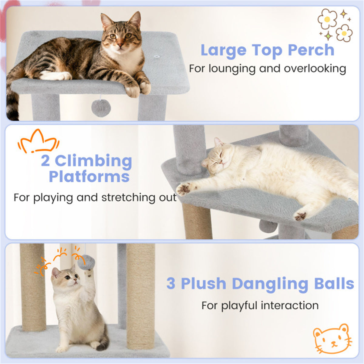 64" Light Gray Cat Tower with Plush Perches & 3 Dangling Balls, Jute Scratching Posts & Anti-Tipping Device for Multi-Cat Households
