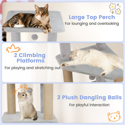64" Light Gray Cat Tower with Plush Perches & 3 Dangling Balls, Jute Scratching Posts & Anti-Tipping Device for Multi-Cat Households