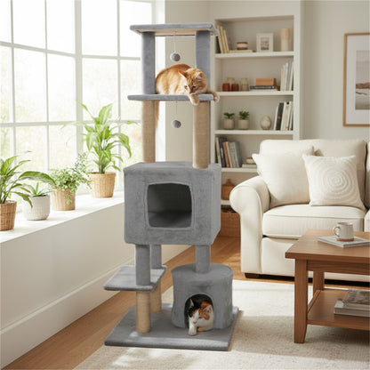 64" Light Gray Cat Tower with Plush Perches & 3 Dangling Balls, Jute Scratching Posts & Anti-Tipping Device for Multi-Cat Households