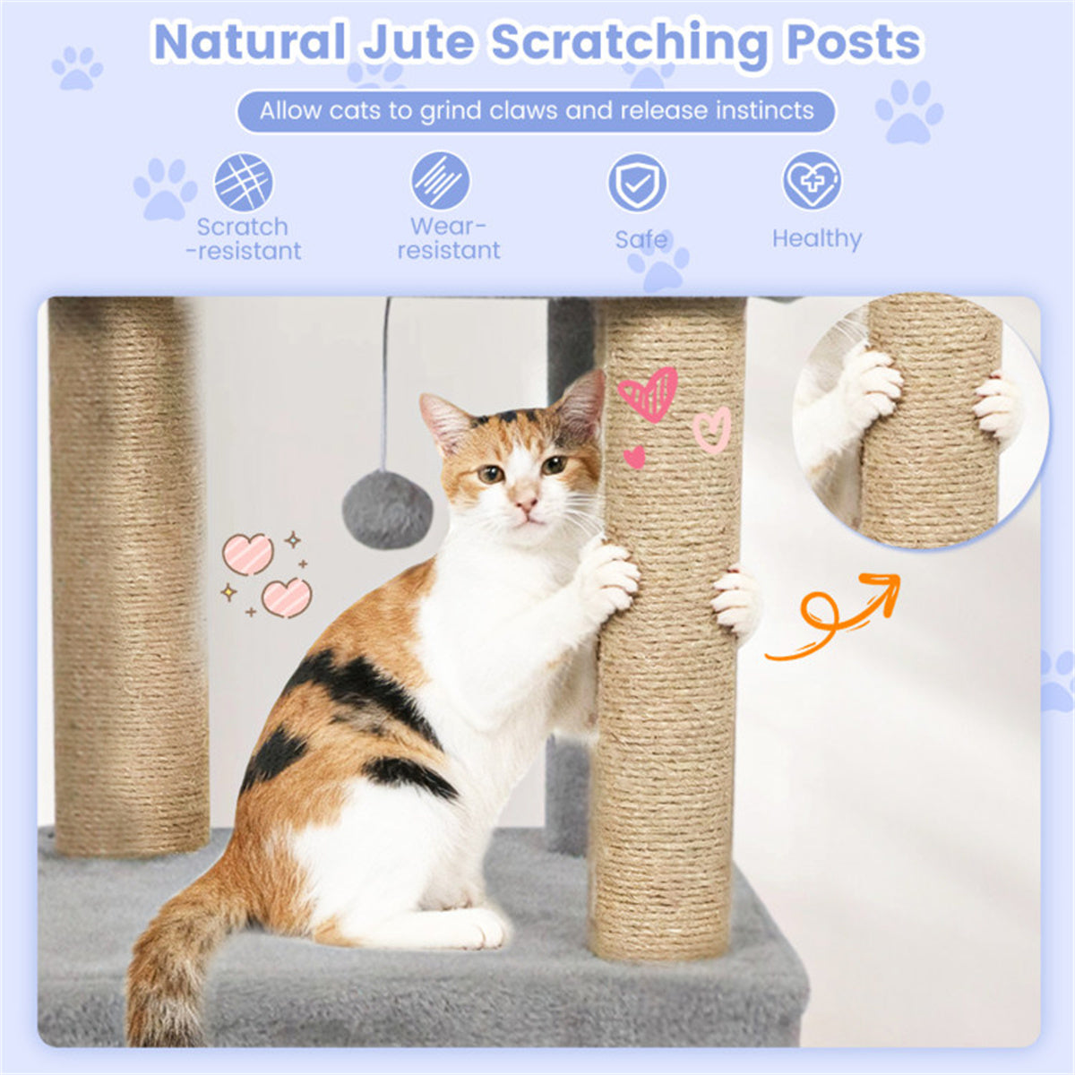 64" Light Gray Cat Tower with Plush Perches & 3 Dangling Balls, Jute Scratching Posts & Anti-Tipping Device for Multi-Cat Households