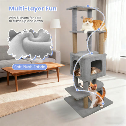 64" Light Gray Cat Tower with Plush Perches & 3 Dangling Balls, Jute Scratching Posts & Anti-Tipping Device for Multi-Cat Households