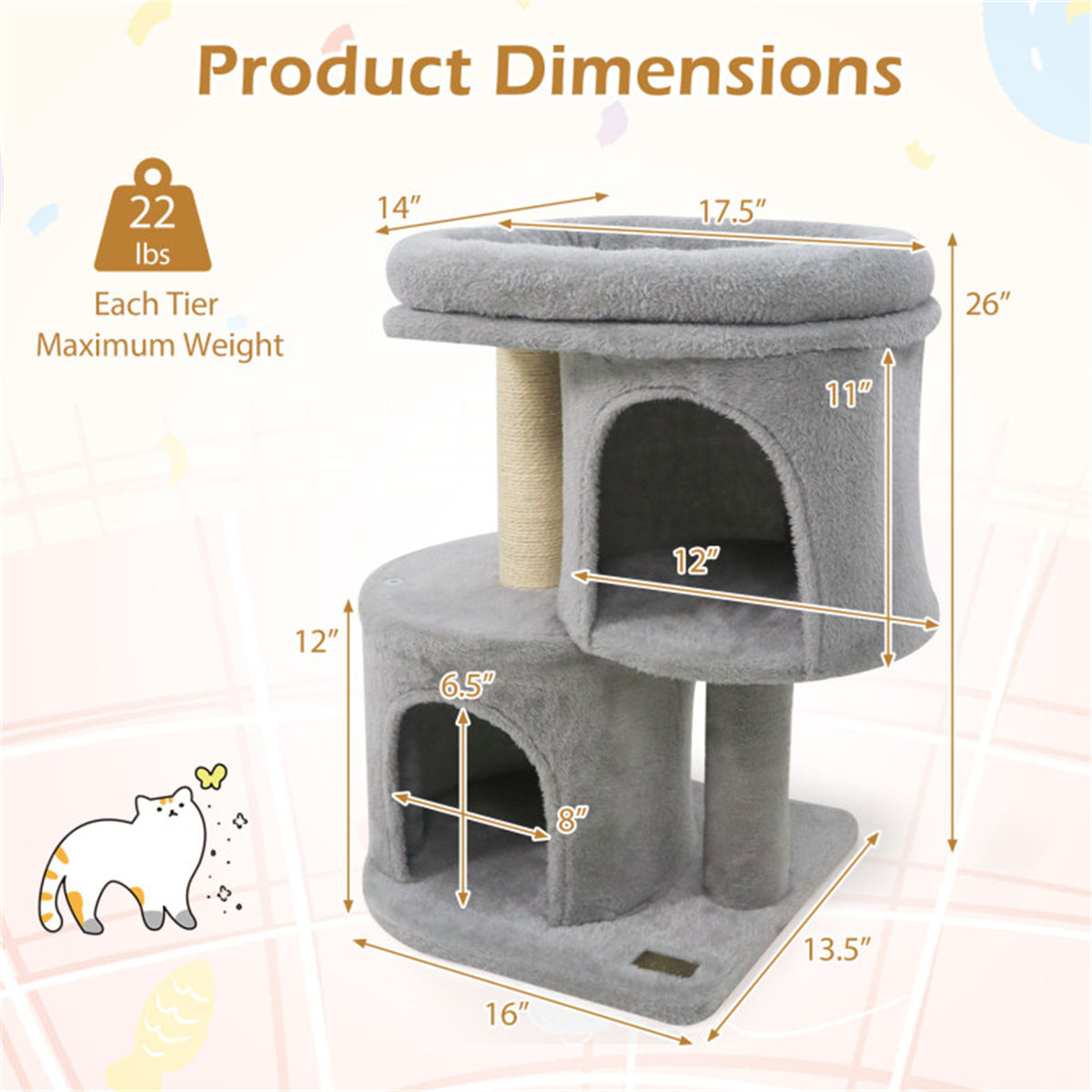 26" Compact Cat Tree with 2 Condos & Sisal Scratching Posts, Anti-Tip Cat Tower for Small Spaces