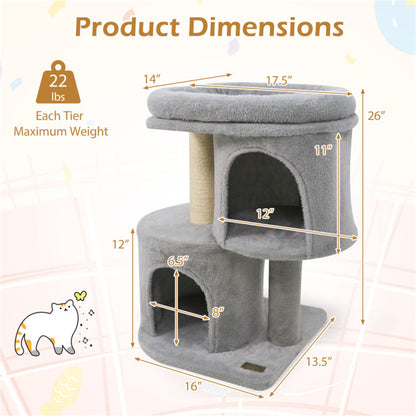 26" Compact Cat Tree with 2 Condos & Sisal Scratching Posts, Anti-Tip Cat Tower for Small Spaces