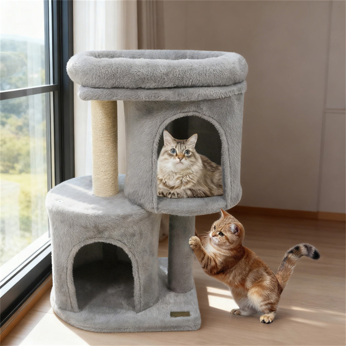 26" Compact Cat Tree with 2 Condos & Sisal Scratching Posts, Anti-Tip Cat Tower for Small Spaces