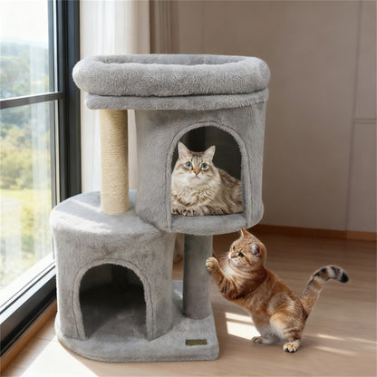 26" Compact Cat Tree with 2 Condos & Sisal Scratching Posts, Anti-Tip Cat Tower for Small Spaces