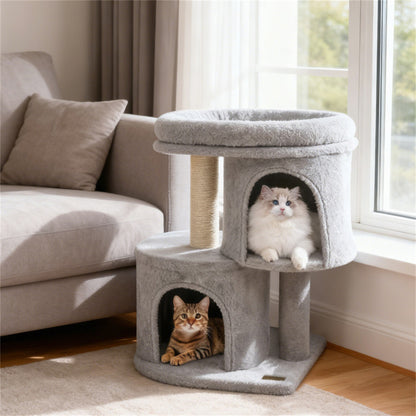 26" Compact Cat Tree with 2 Condos & Sisal Scratching Posts, Anti-Tip Cat Tower for Small Spaces