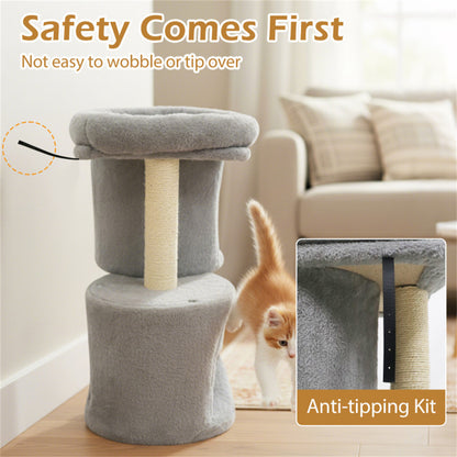 26" Compact Cat Tree with 2 Condos & Sisal Scratching Posts, Anti-Tip Cat Tower for Small Spaces