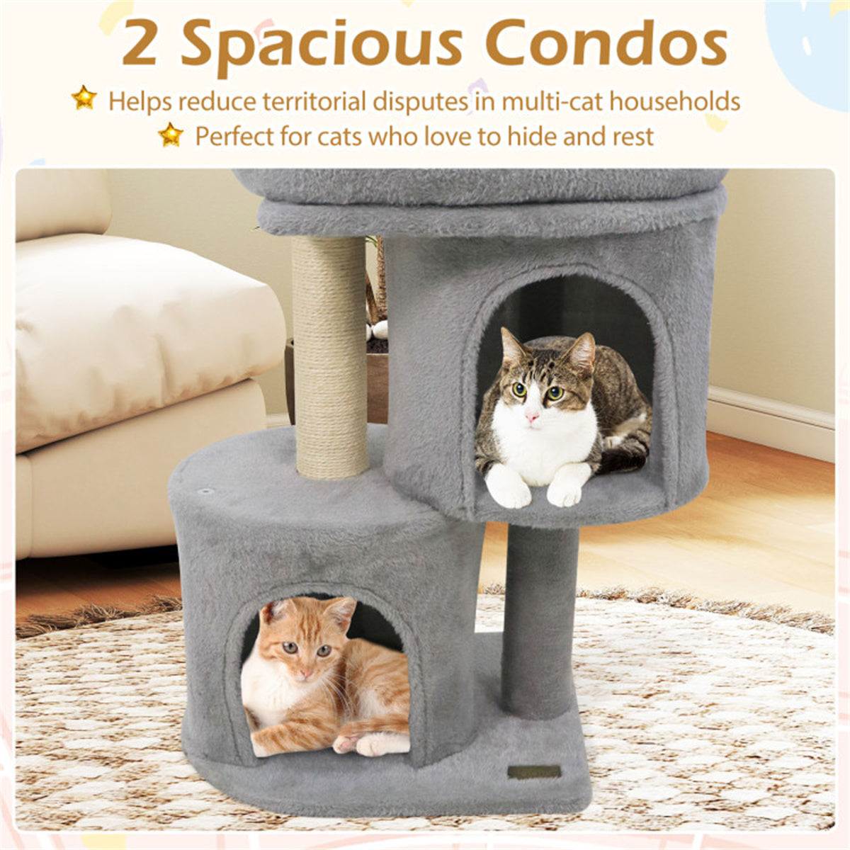 26" Compact Cat Tree with 2 Condos & Sisal Scratching Posts, Anti-Tip Cat Tower for Small Spaces