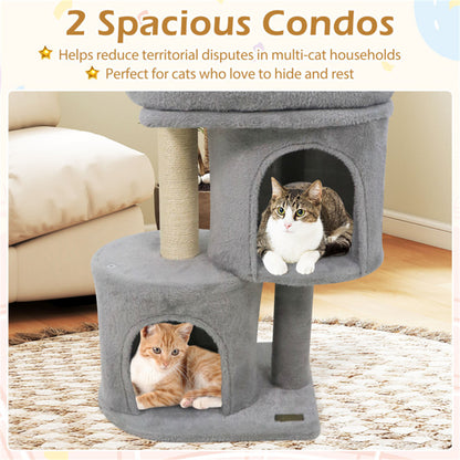 26" Compact Cat Tree with 2 Condos & Sisal Scratching Posts, Anti-Tip Cat Tower for Small Spaces