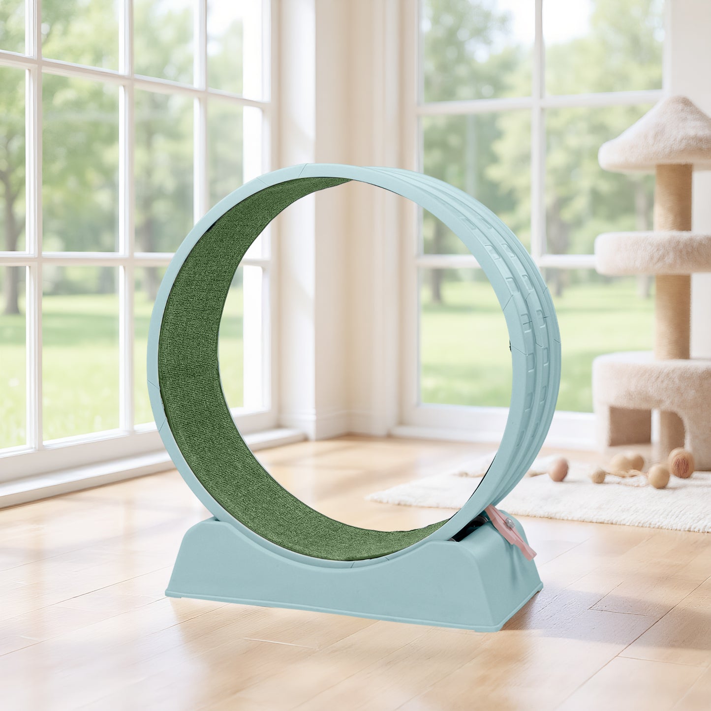 80*34*86CM Light blue PP track connector assembly, circular design with green carpet + 1 cat teaser stick, 15kg cat treadmill