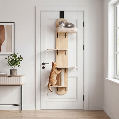 Door Hanging Cat Tree 5-Level Height Adjustable 4-Tier Climber No-Drill for Apartment Beige